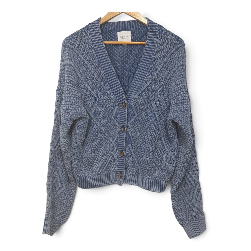 Le Lis Collection Blue Acid Wash Cable Knit Cropped V-Neck Cardigan Sweater